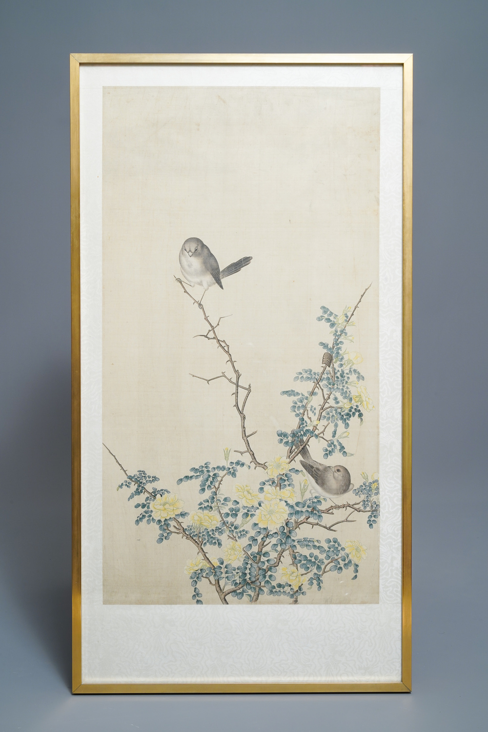 Chinese school, 19th C., ink and colour on silk: 'birds on blossoming branches'