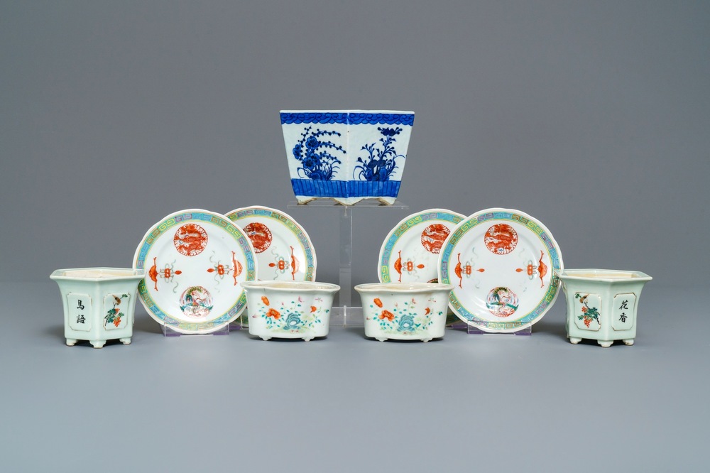 Five various Chinese jardini&egrave;res and four plates, 19/20th C.