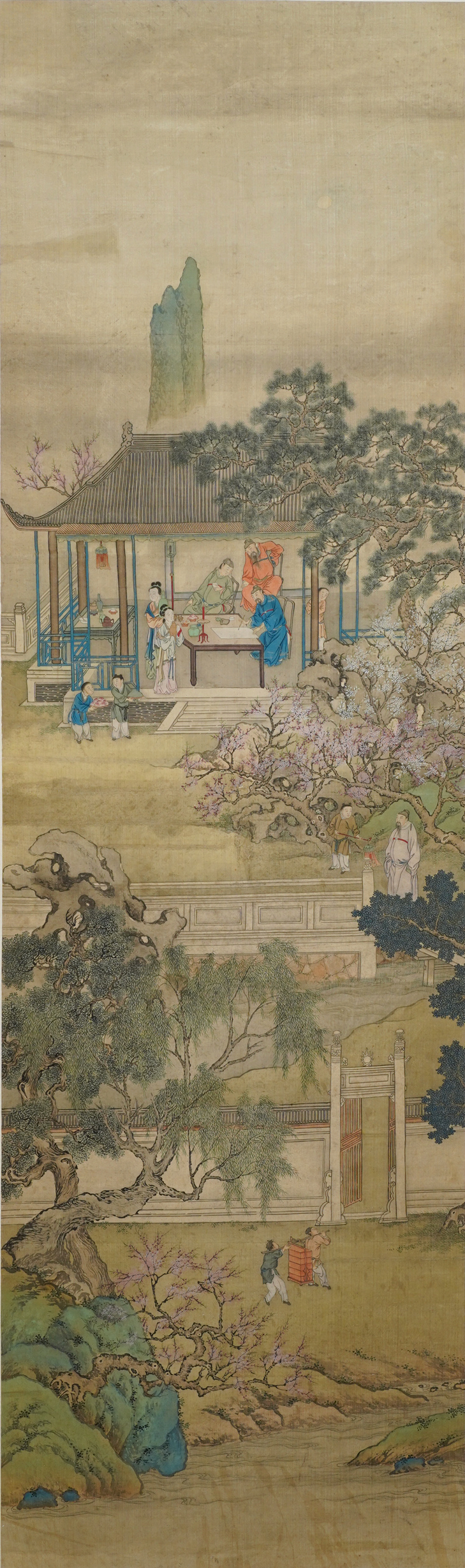 Chinese school, 18/19th C., ink and colour on silk: 'landscape with figures near a pagoda'