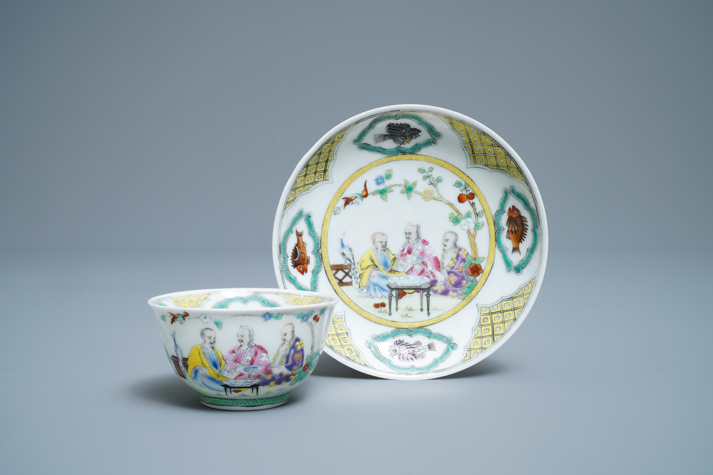 A Chinese famille rose cup and saucer after Cornelis Pronk: 'Doctor's visit', Qianlong