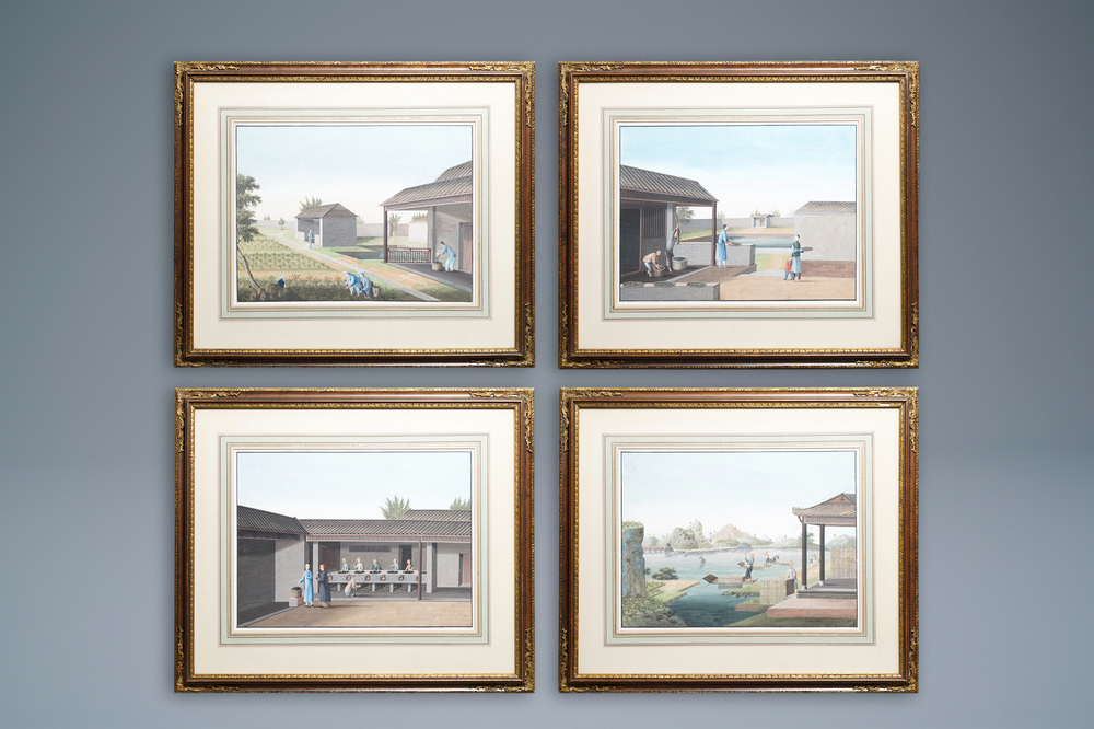 Chinese school, Canton, watercolour on paper, 19th C.: Four tea production scenes