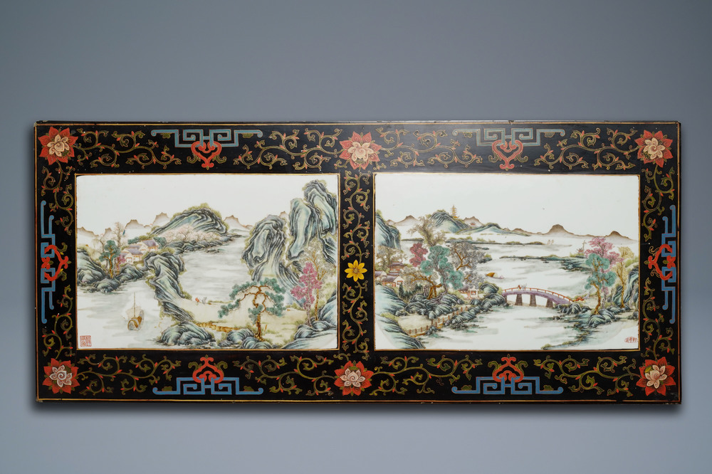 Two Chinese famille rose landscape plaques in a lacquered chest, marked Wang Yeting, 19/20th C.
