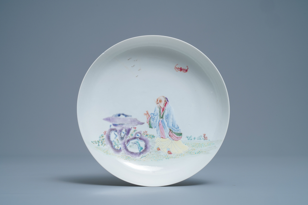 A fine Chinese famille rose eggshell plate with a scholar, Yongzheng