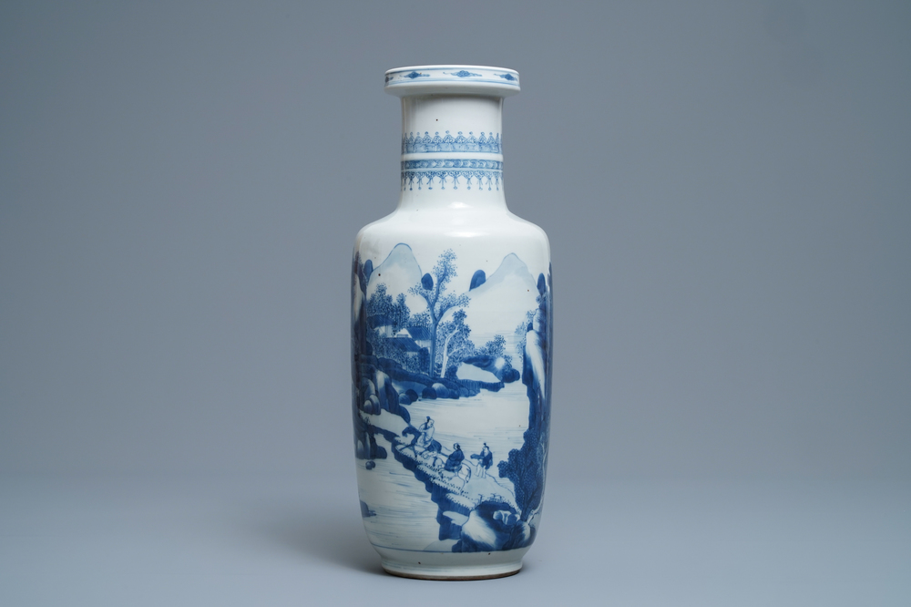 A Chinese blue and white rouleau vase with figures in a landscape, Kangxi
