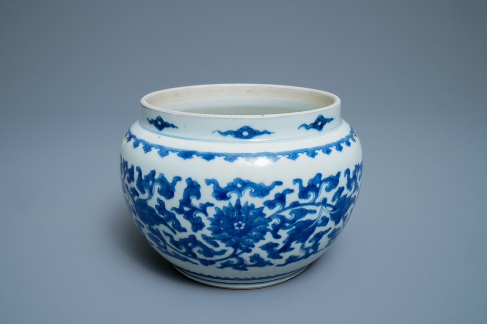 A Chinese blue and white 'lotus scroll' bowl, Kangxi