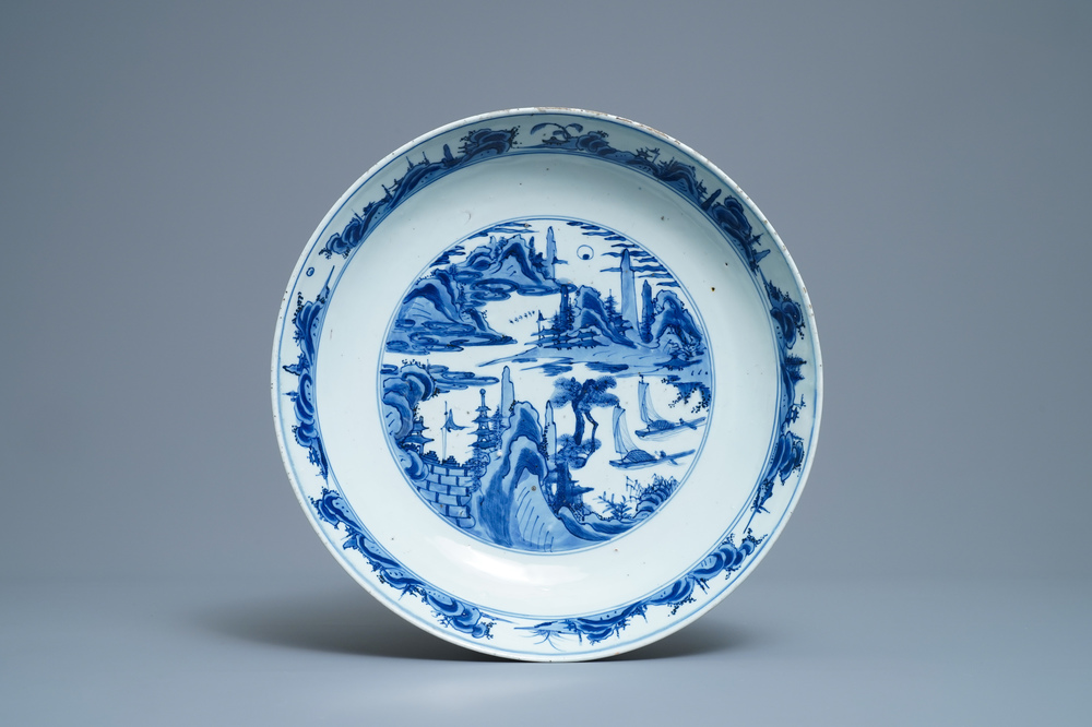 A fine Chinese blue and white 'river landscape' charger, Jiajing