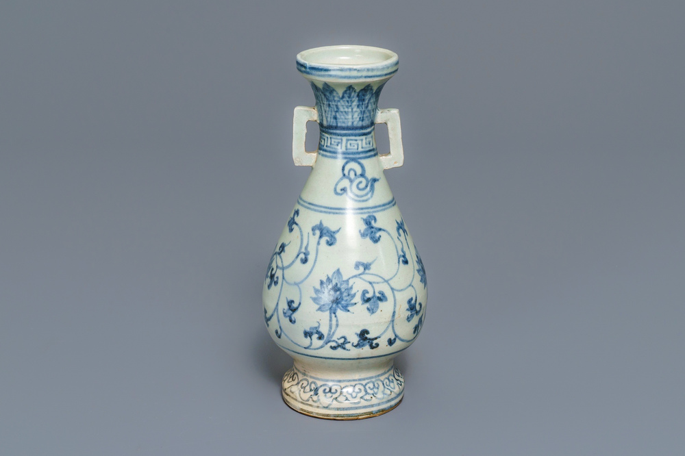 A Chinese blue and white 'lotus scroll' vase, Yuan