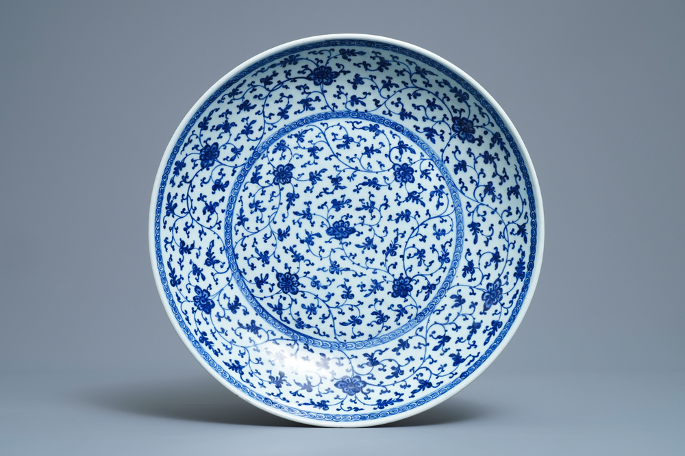 A Chinese Ming-style blue and white 'floral scroll' dish, Qianlong