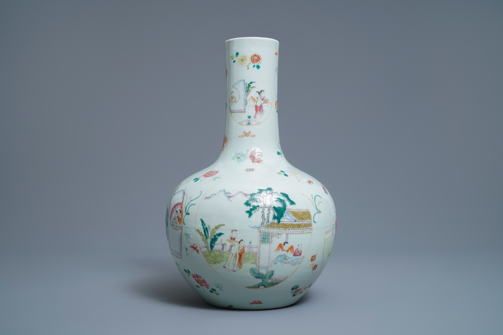 A Chinese famille rose vase with figurative medallions, Qianlong mark, 19th C.