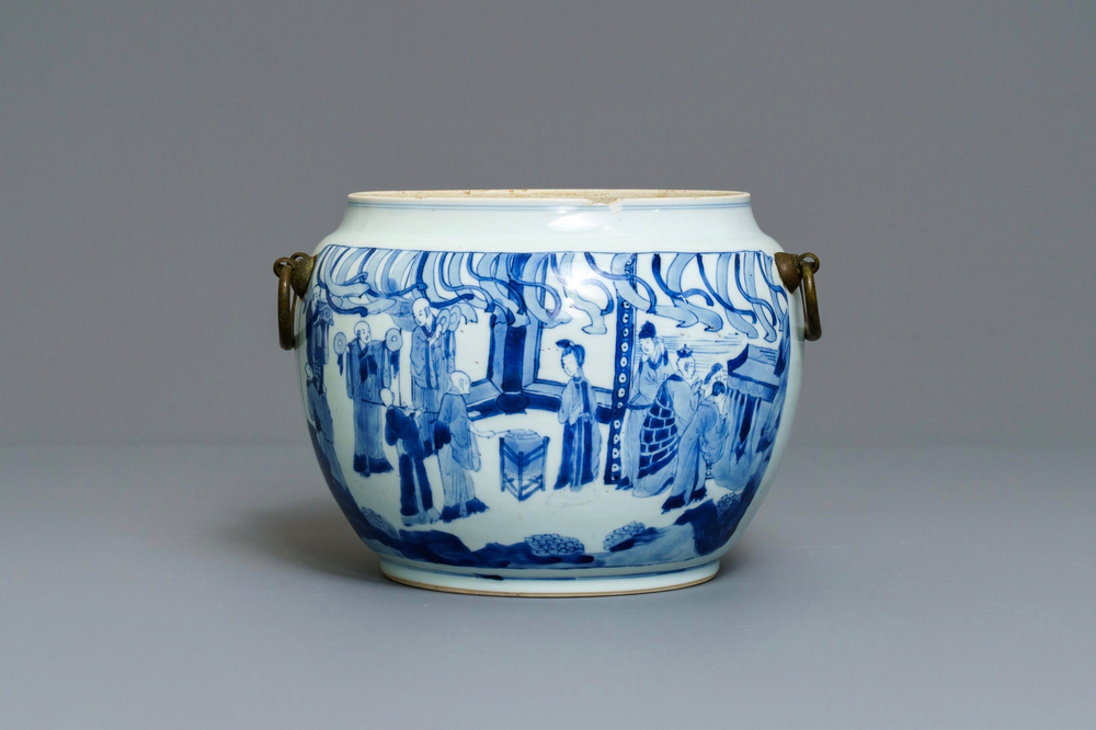 A Chinese blue and white bronze-mounted bowl, Kangxi