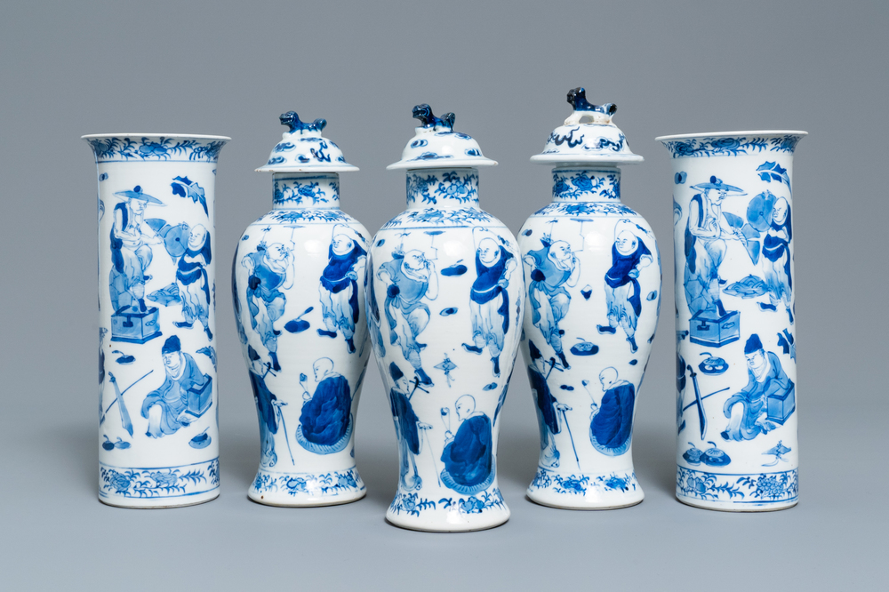 A Chinese blue and white five-piece garniture, Kangxi mark, 19th C.