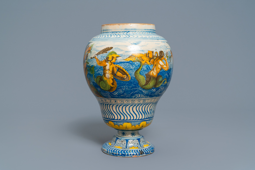 A polychrome French faience vase with sea creatures, Nevers, 18th C.