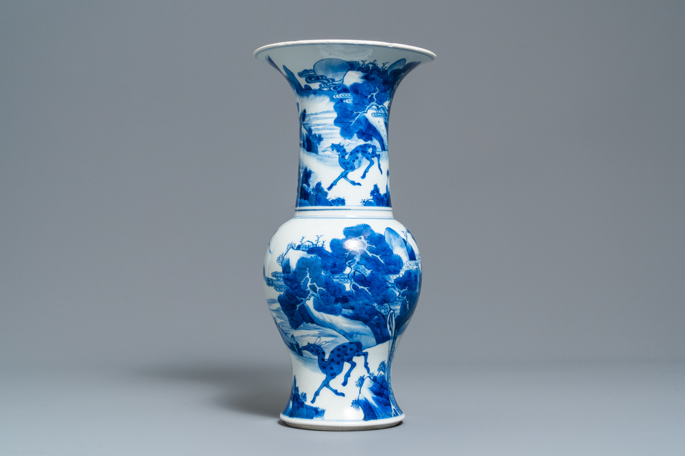 A Chinese blue and white 'deer and crane' yenyen vase, Kangxi