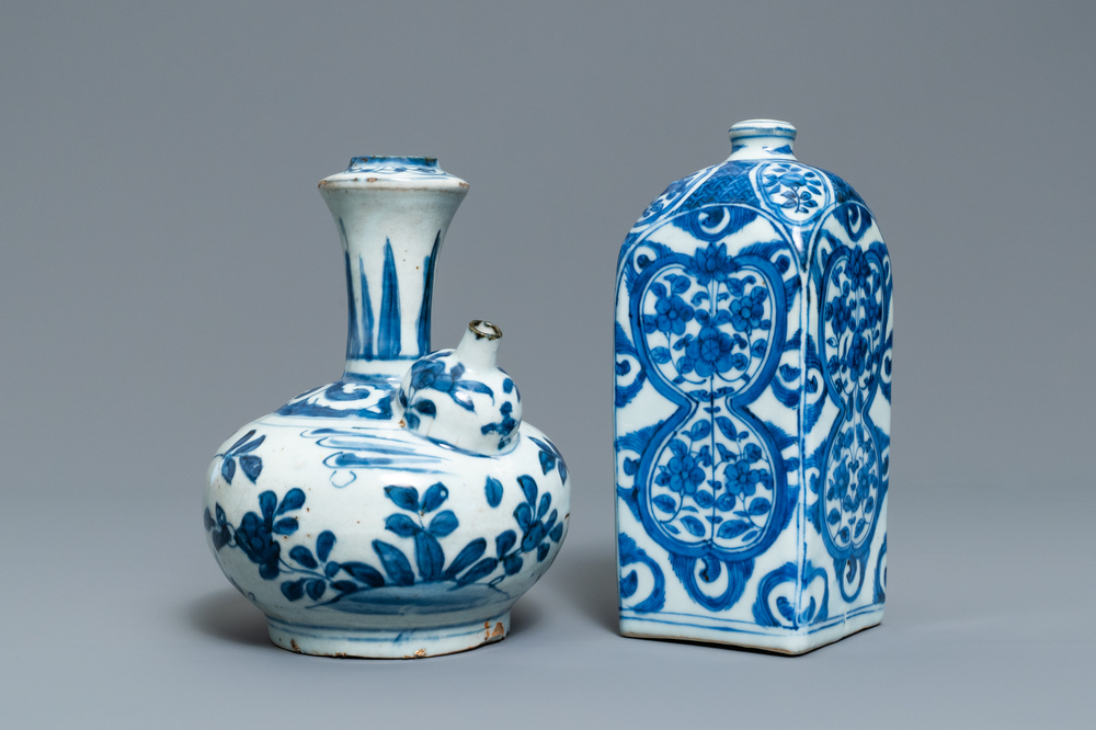 A Chinese blue and white square flask and a kendi, Ming