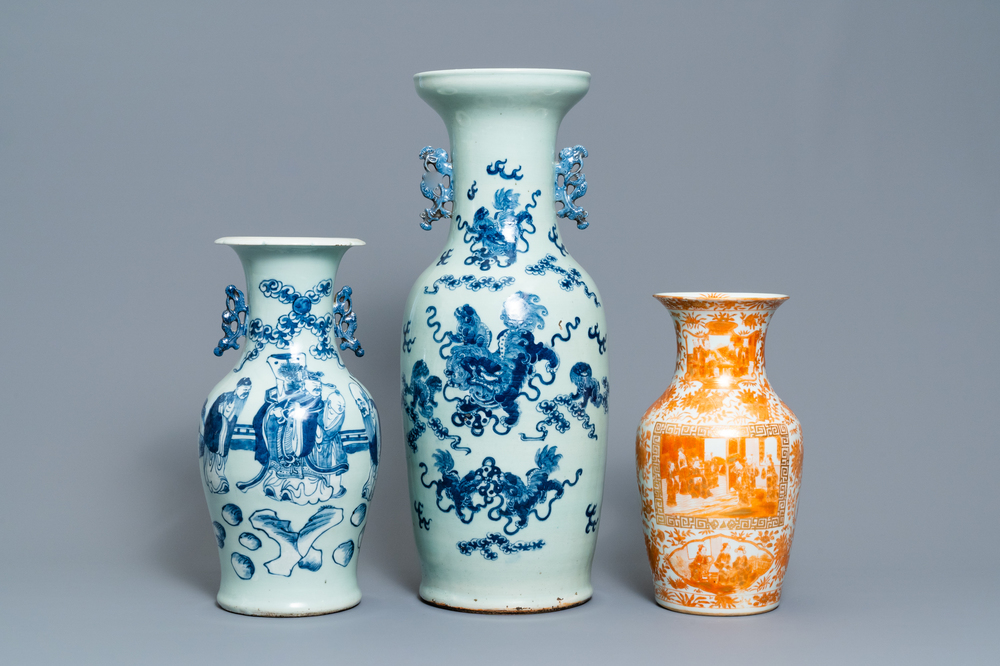 Two Chinese celadon-ground vases and an iron red and gilt vase, 19th C.