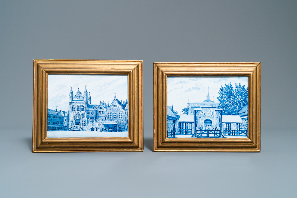 Two blue and white plaques with city views, Makkum, 19th C.