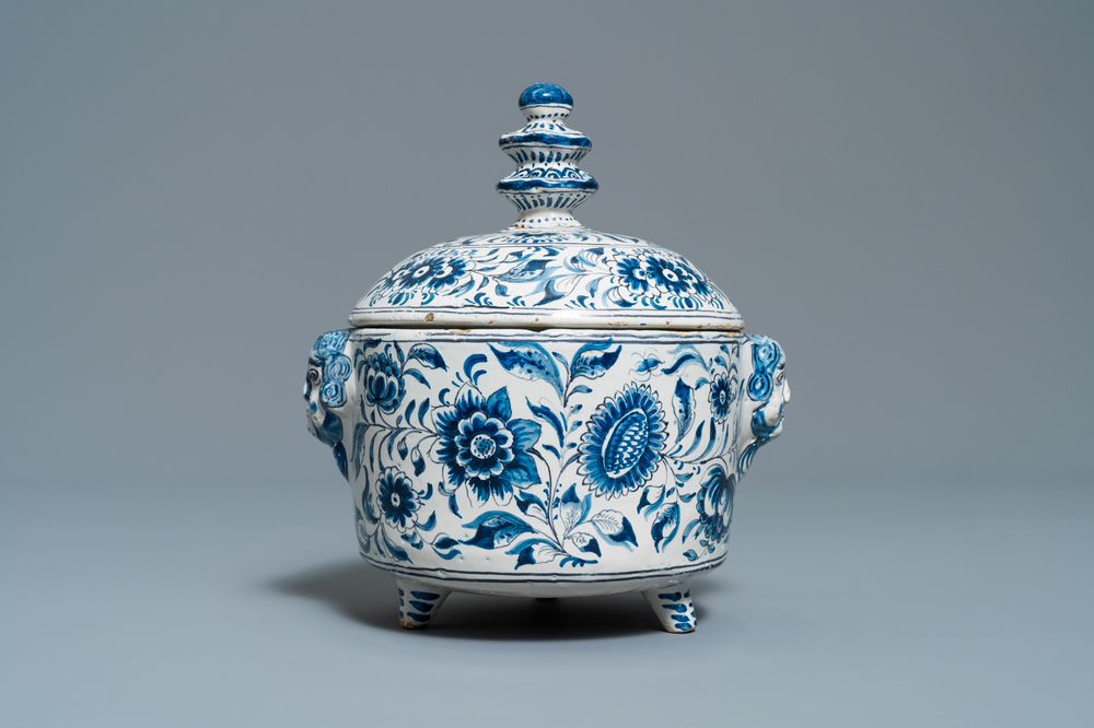A blue and white covered bowl with applied mascaron handles, Harlingen, 18th C.