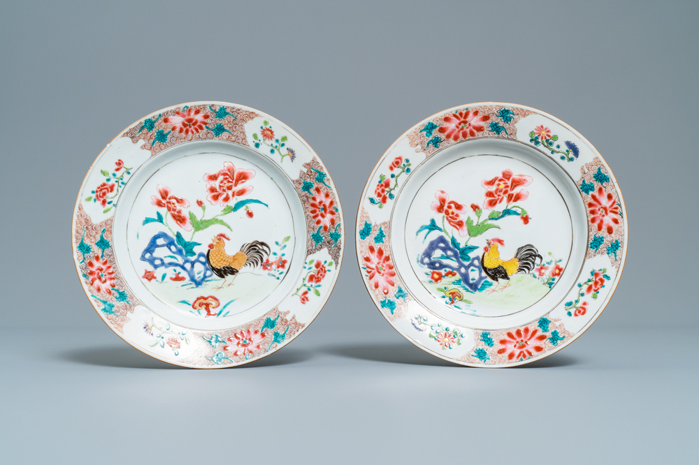 A pair of Chinese famille rose 'rooster' plates, Qianlong