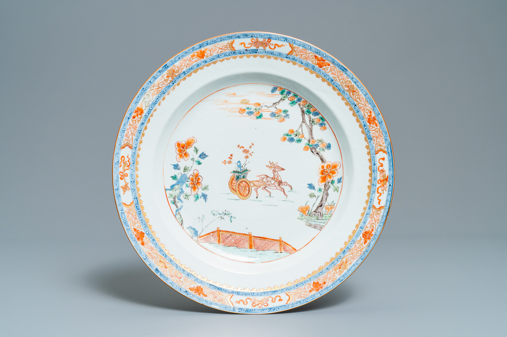 A Chinese verte-Imari dish with a deer, Kangxi