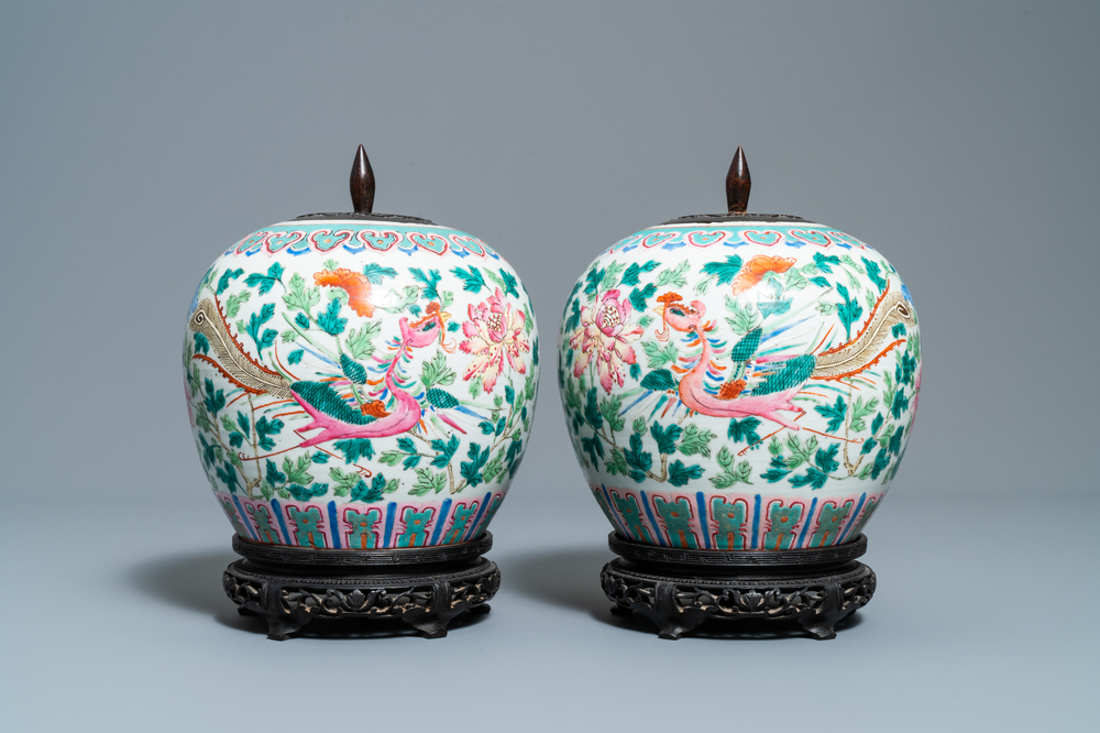 A pair of Chinese famille rose ginger jars with phoenixes, 19th C.