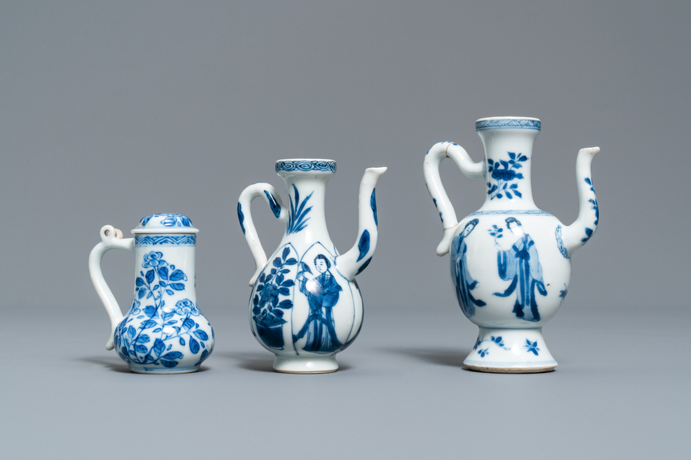 Three Chinese blue and white jugs, Kangxi
