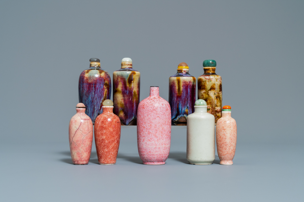 Nine Chinese monochrome and flamb&eacute;-glazed snuff bottles, 19/20th C.