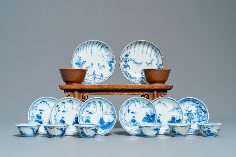 Eight Chinese blue and white cups and saucers, Kangxi/Qianlong