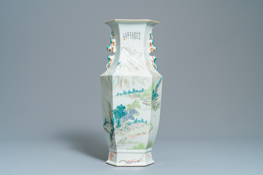 A Chinese hexagonal qianjiang cai landscape vase, 19/20th C.