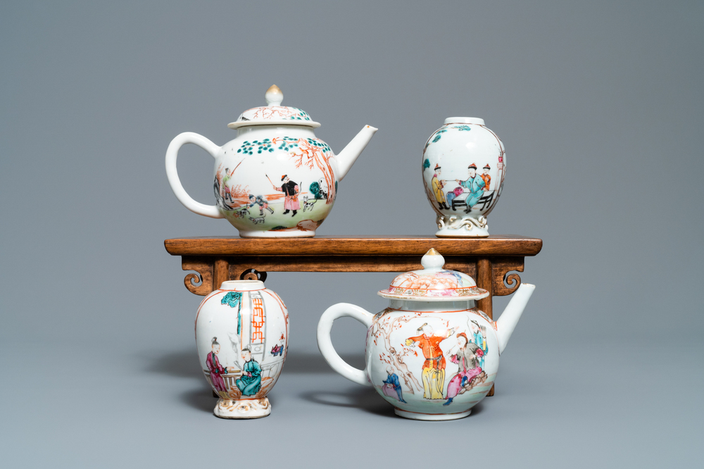 Two Chinese famille rose teapots and two tea caddies, Qianlong