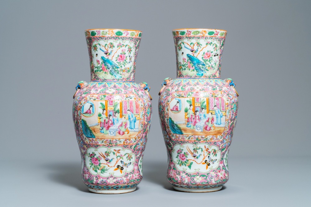 A pair of Chinese Canton famille rose pink-ground vases, 19th C.