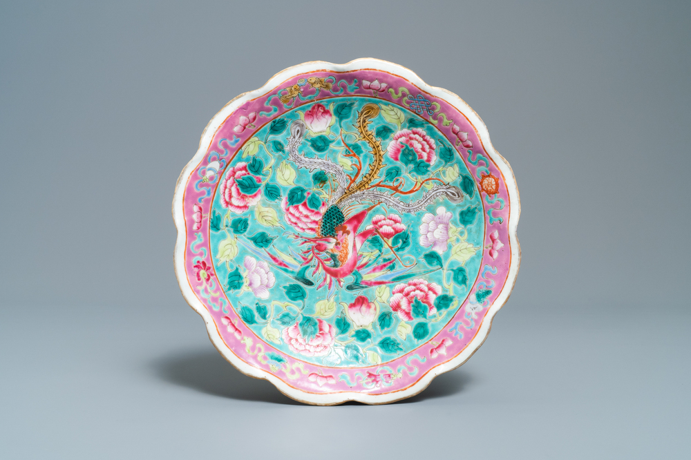 A Chinese famille rose lobed dish on foot for the Straits or Peranakan market, 19th C.