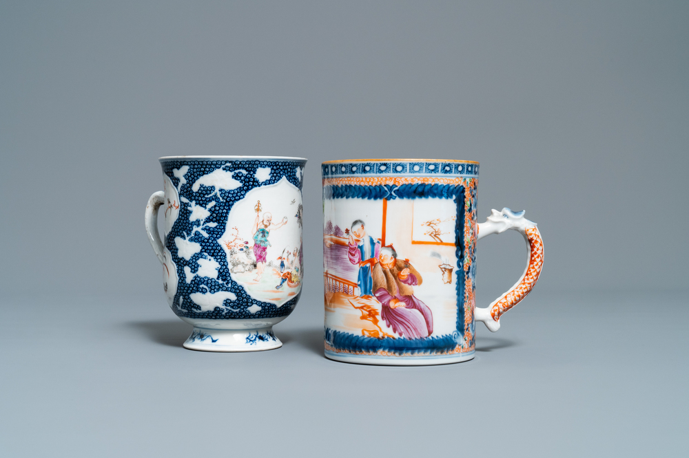 Twee Chinese famille rose pullen met mandarijns decor, Qianlong