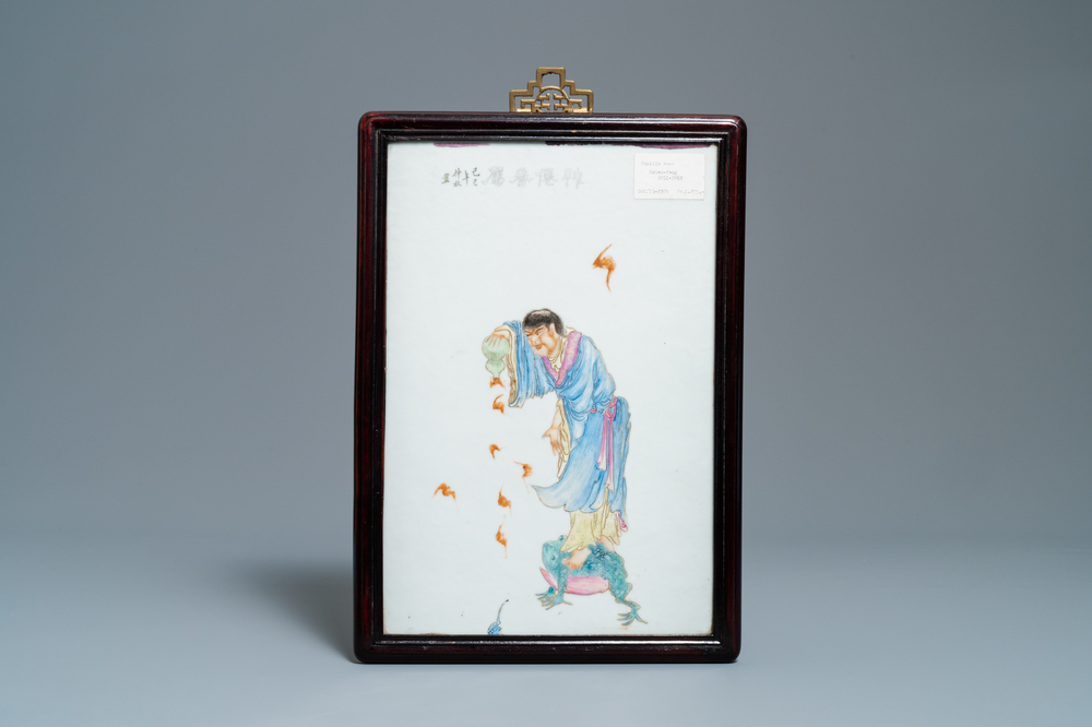 A Chinese famille rose plaque with Liu Hai on his three-legged toad, 19/20th C
