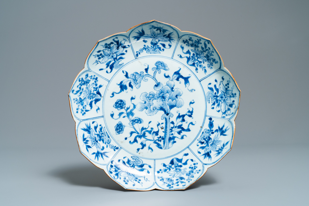 A Chinese blue and white lotus-shaped dish with floral design, Kangxi