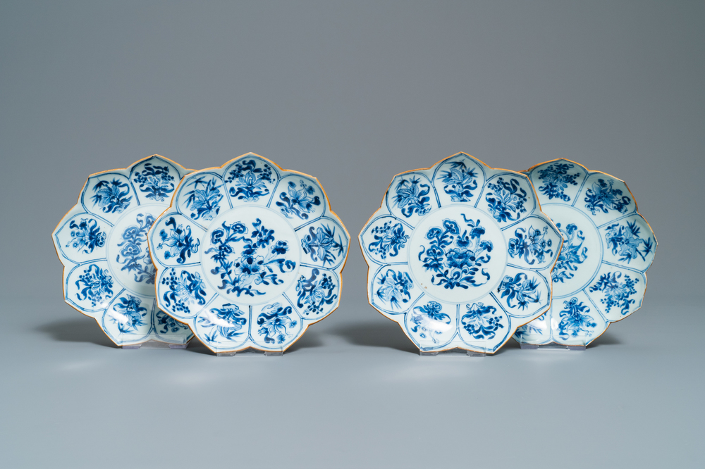 Four Chinese blue and white lotus-shaped plates with floral design, Kangxi
