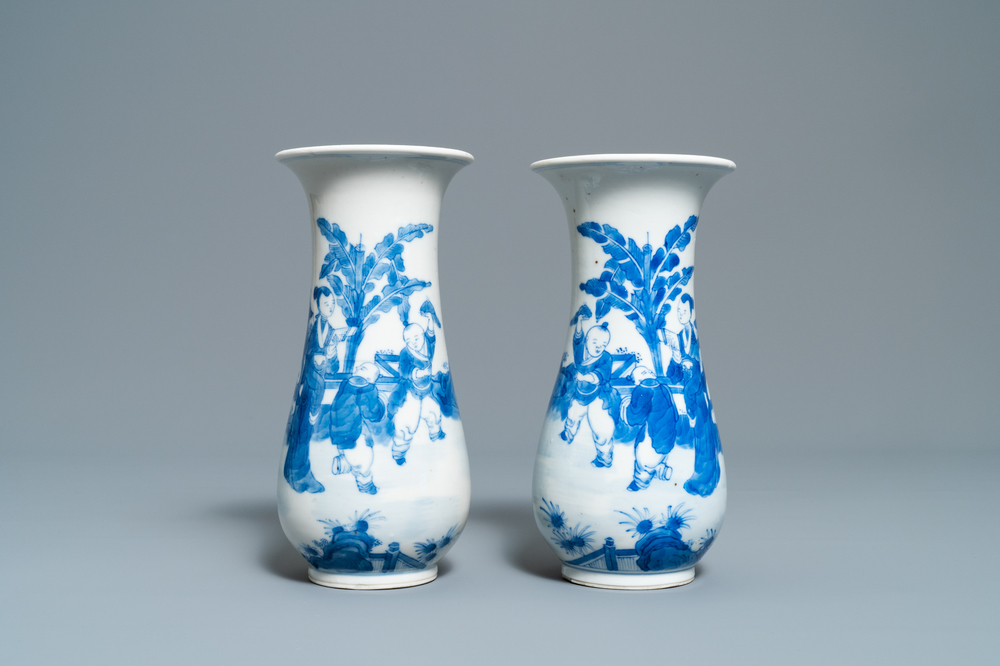 A pair of Chinese blue and white vases, Kangxi mark, 19th C.
