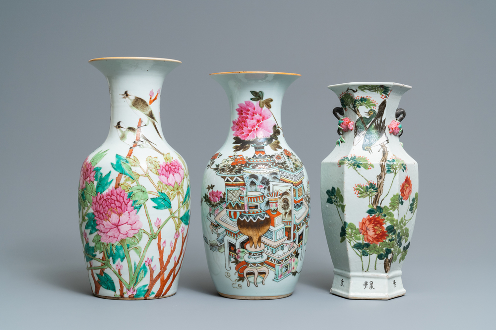 Drie Chinese qianjiang cai vazen, 19/20e eeuw