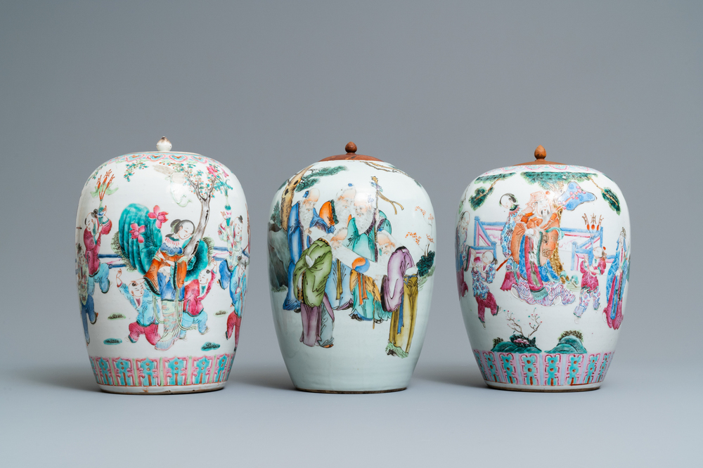Three Chinese famille rose and qianjiang cai jars, 19/20th C.