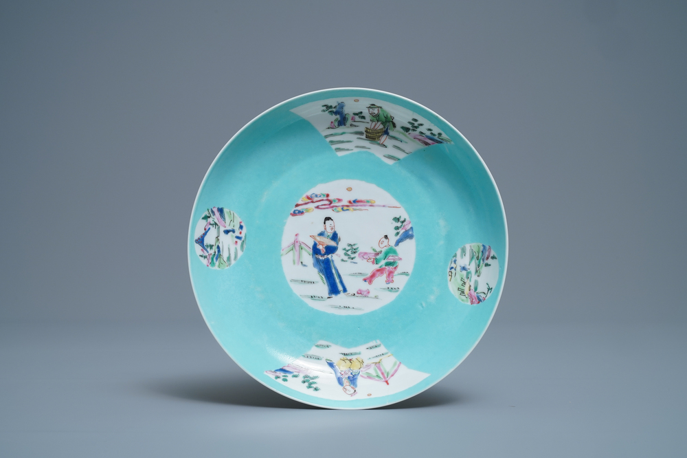 A Chinese turquoise-ground famille rose eggshell porcelain plate, Yongzheng mark and of the period