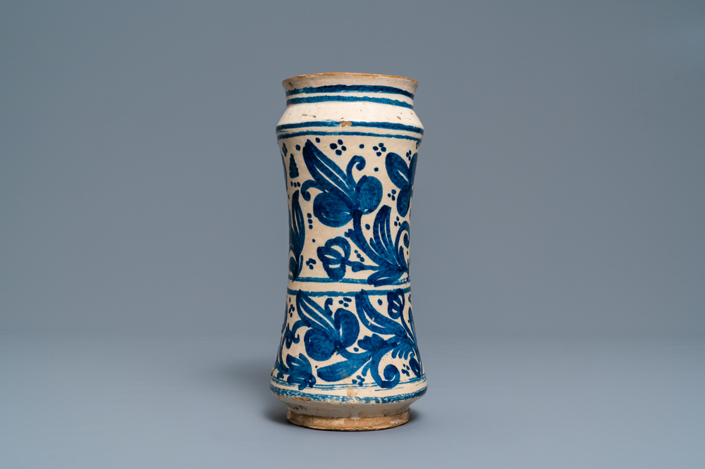 A Mexican blue and white pottery albarello, Talavera Poblana, ca. 1700