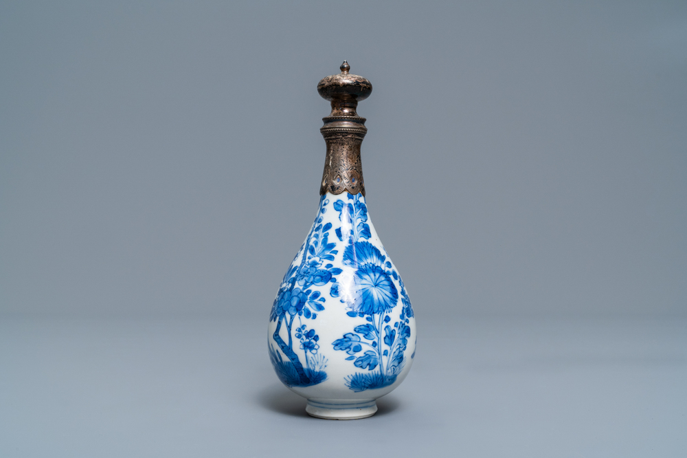 A Chinese blue and white silver-mounted vase, Kangxi