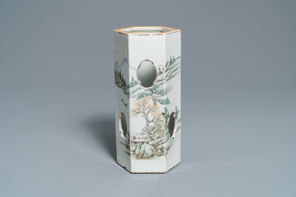 A Chinese hexagonal qianjiang cai hat 'landscape' hat stand, 19/20th C.