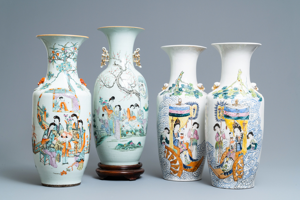 Four Chinese famille rose and qianjiang cai vases, 19/20th C.
