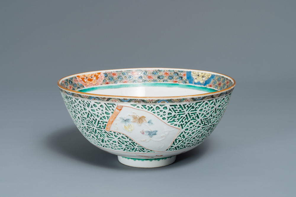 A Chinese famille verte relief-decorated bowl, Yongzheng