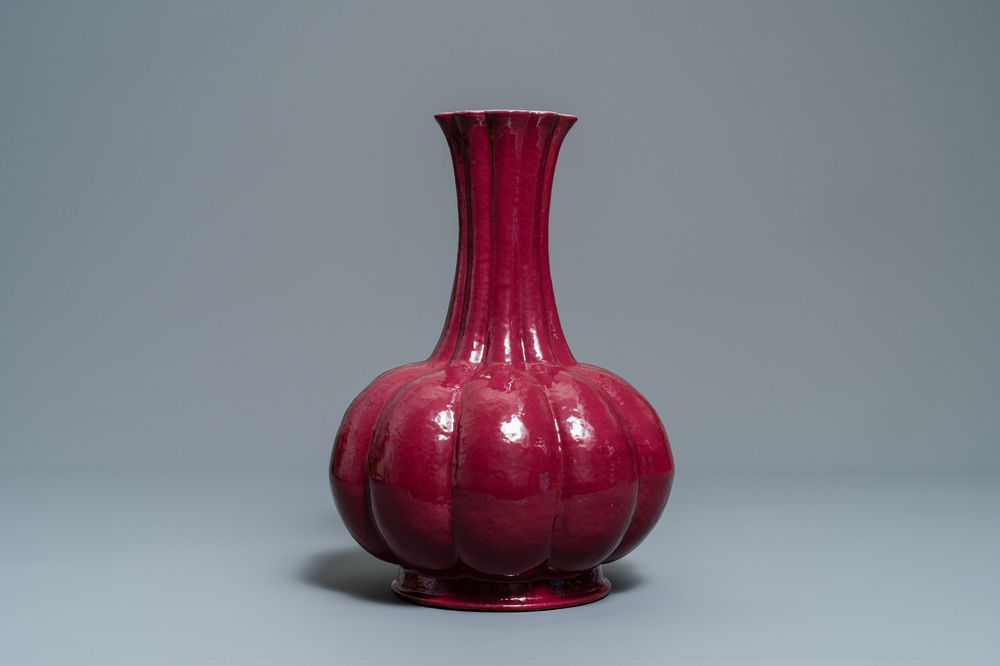 A Chinese monochrome ruby red vase, Qianlong mark, 19th C.