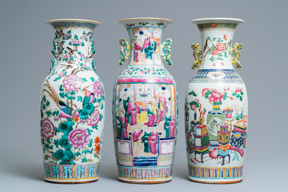 Drie Chinese famille rose vazen, 19e eeuw