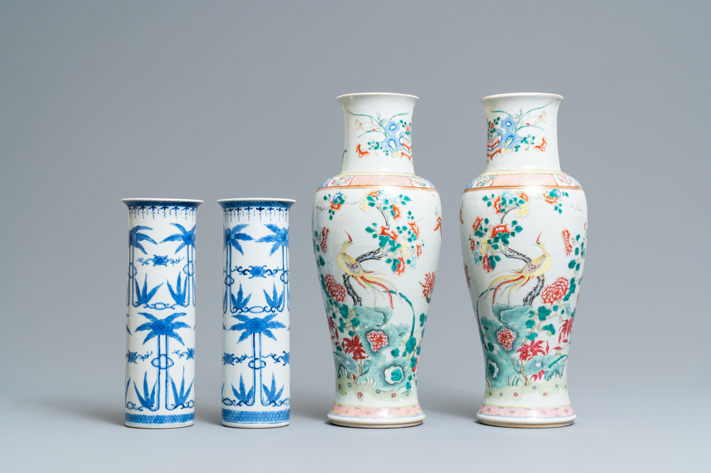 A pair of Chinese famille rose and a pair of blue and white vases, 19th C.