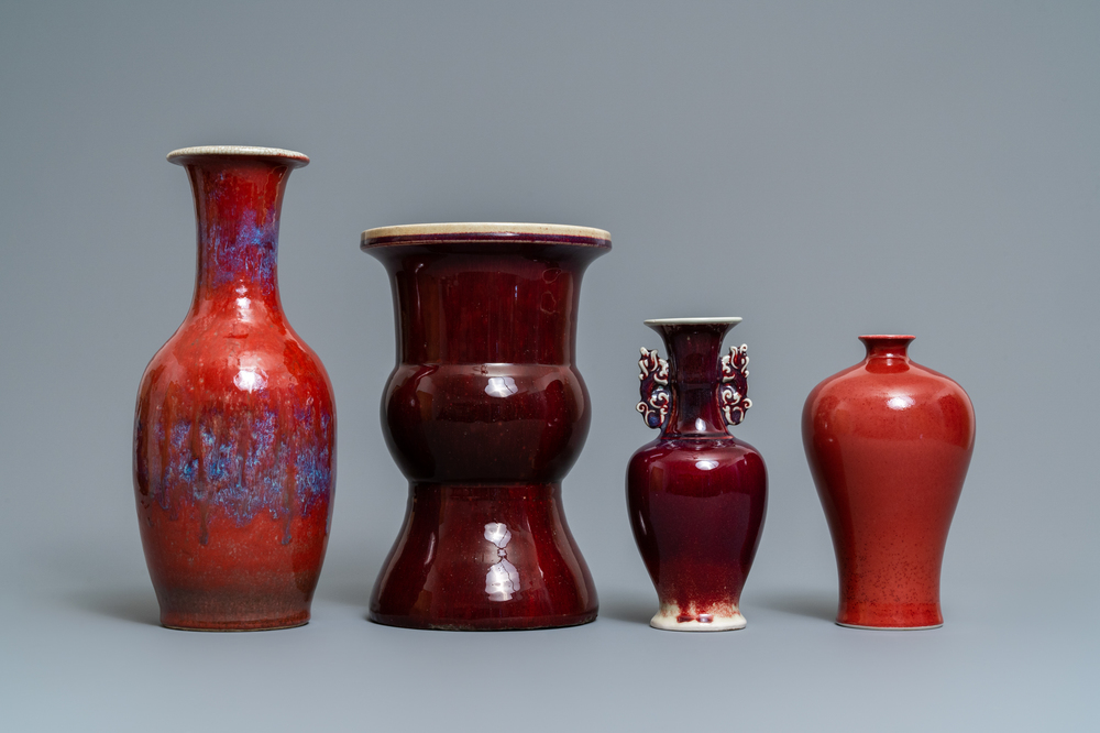 Four Chinese monochrome flamb&eacute; and sang-de-boeuf vases, 19/20th C.