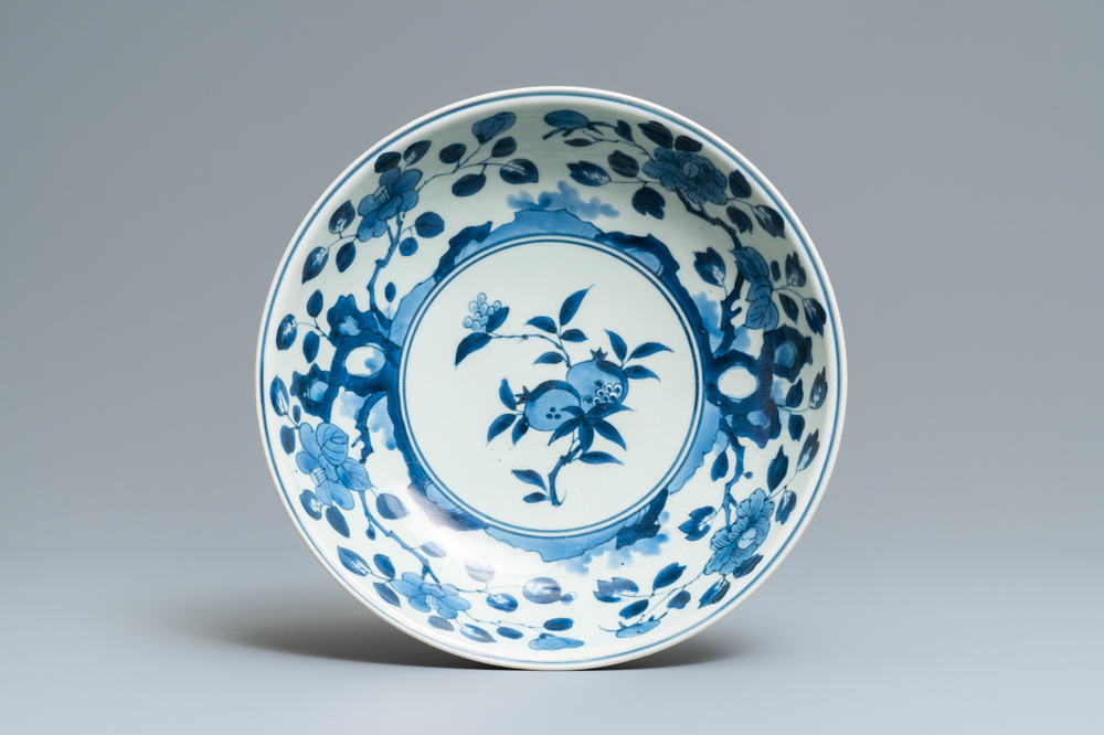 A Japanese blue and white Arita 'pomegranates' dish, Chenghua mark, Edo, 17/18th C.