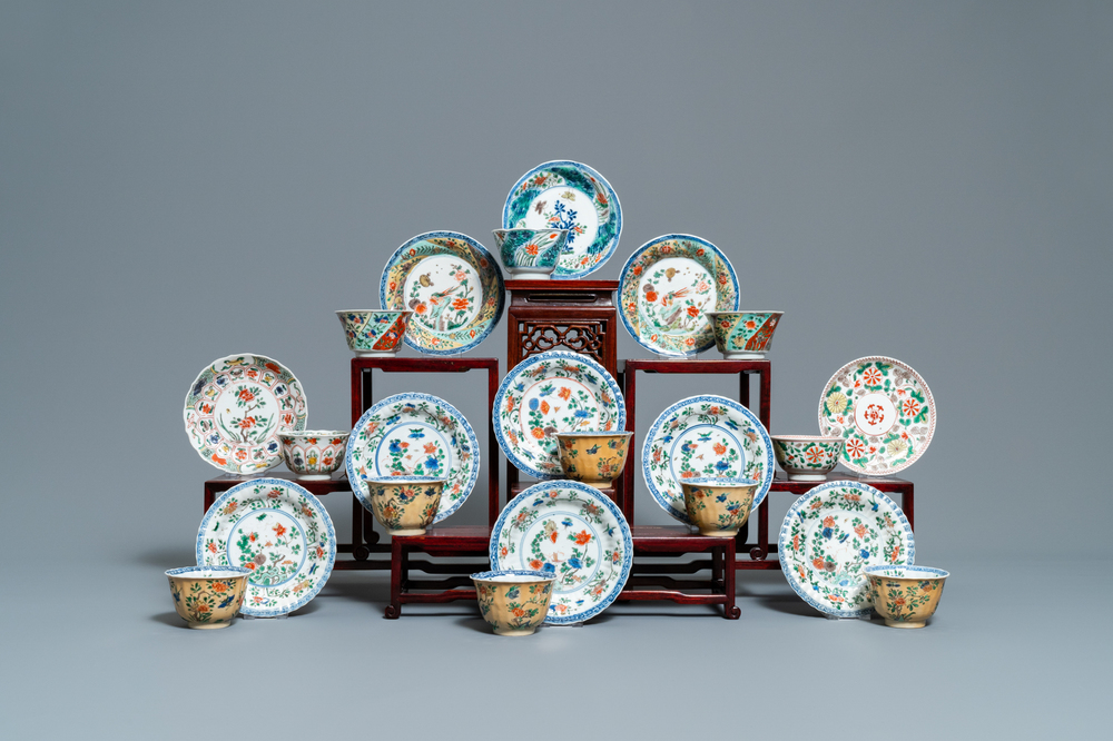 Eleven Chinese famille verte cups and saucers, Kangxi